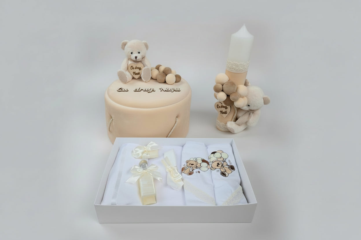 Set botez crem – trusou și lumânare personalizată