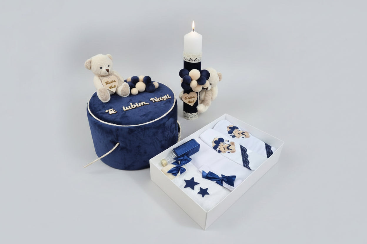 Set botez albastru – trusou și lumânare personalizată