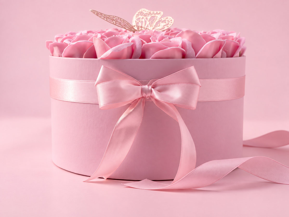 Cutie Roz cu 23 Trandafiri din Săpun, Sclipici și Fluture – Pink Butterfly