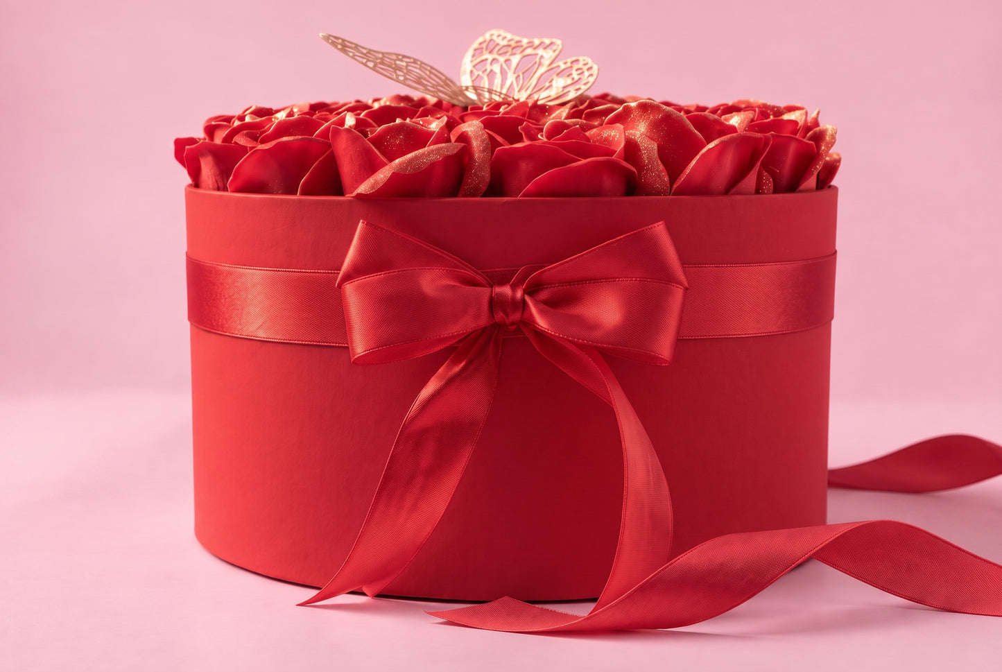 Cutie Roșie cu 23 Trandafiri din Săpun, Sclipici și Fluture – Red Butterfly