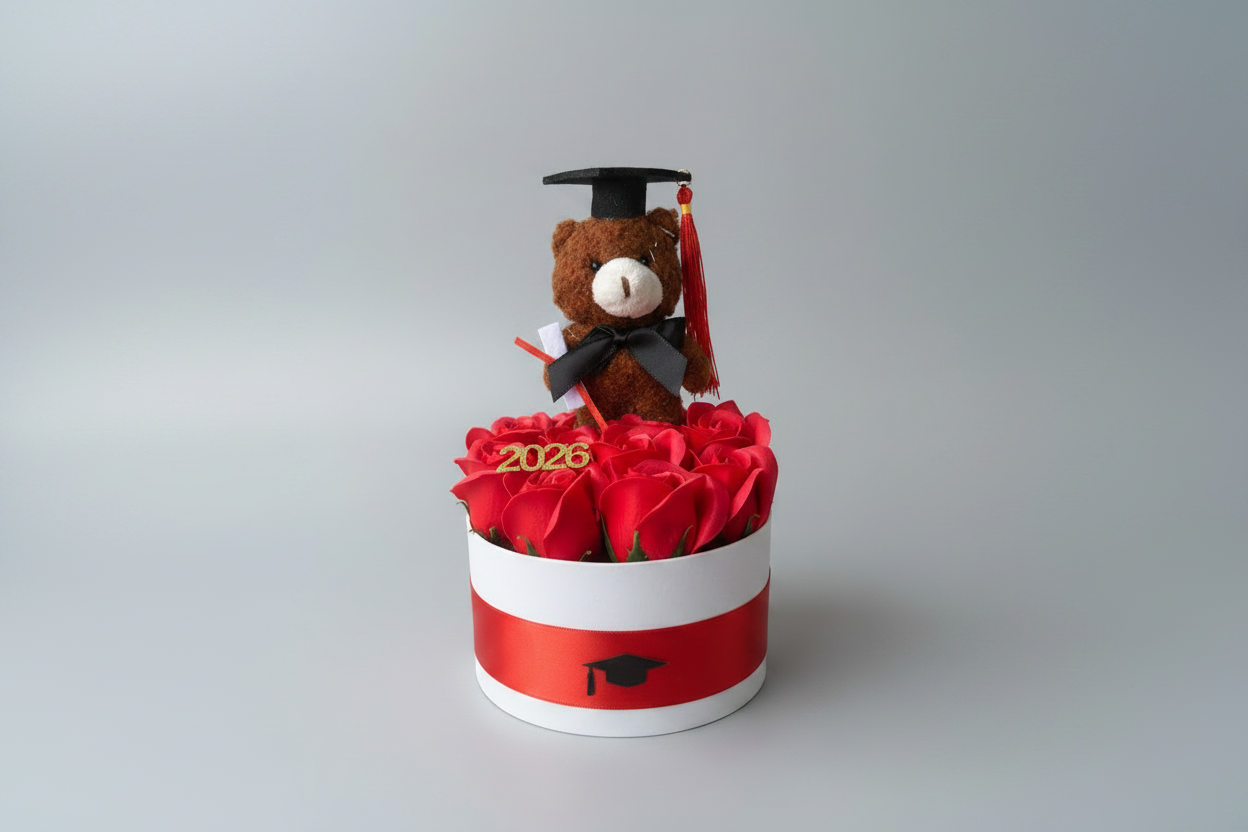 Cutie Cadou Absolvire cu 11 Trandafiri din Săpun Roșii – Graduation Teddy Box