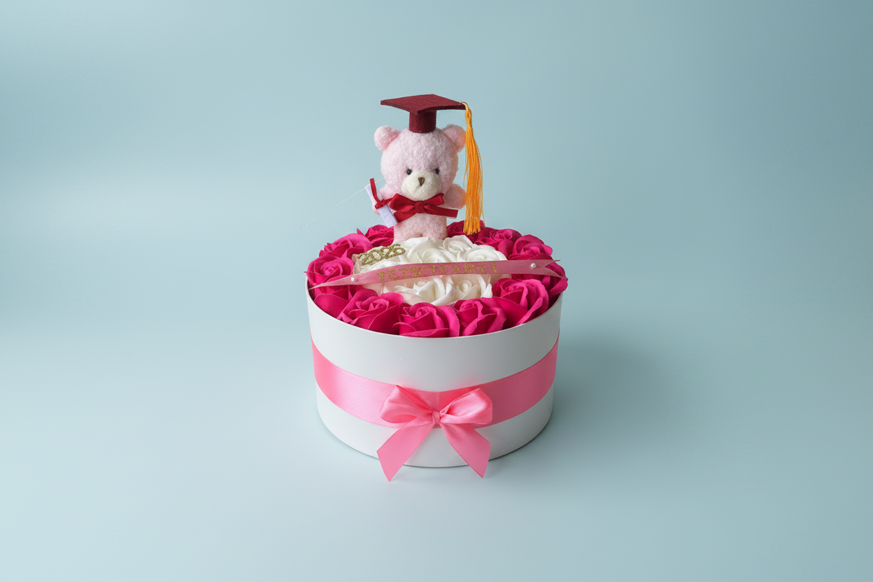 Cutie Cadou Absolvire cu 21 Trandafiri din Săpun Roz și Albi – Teddy Graduation