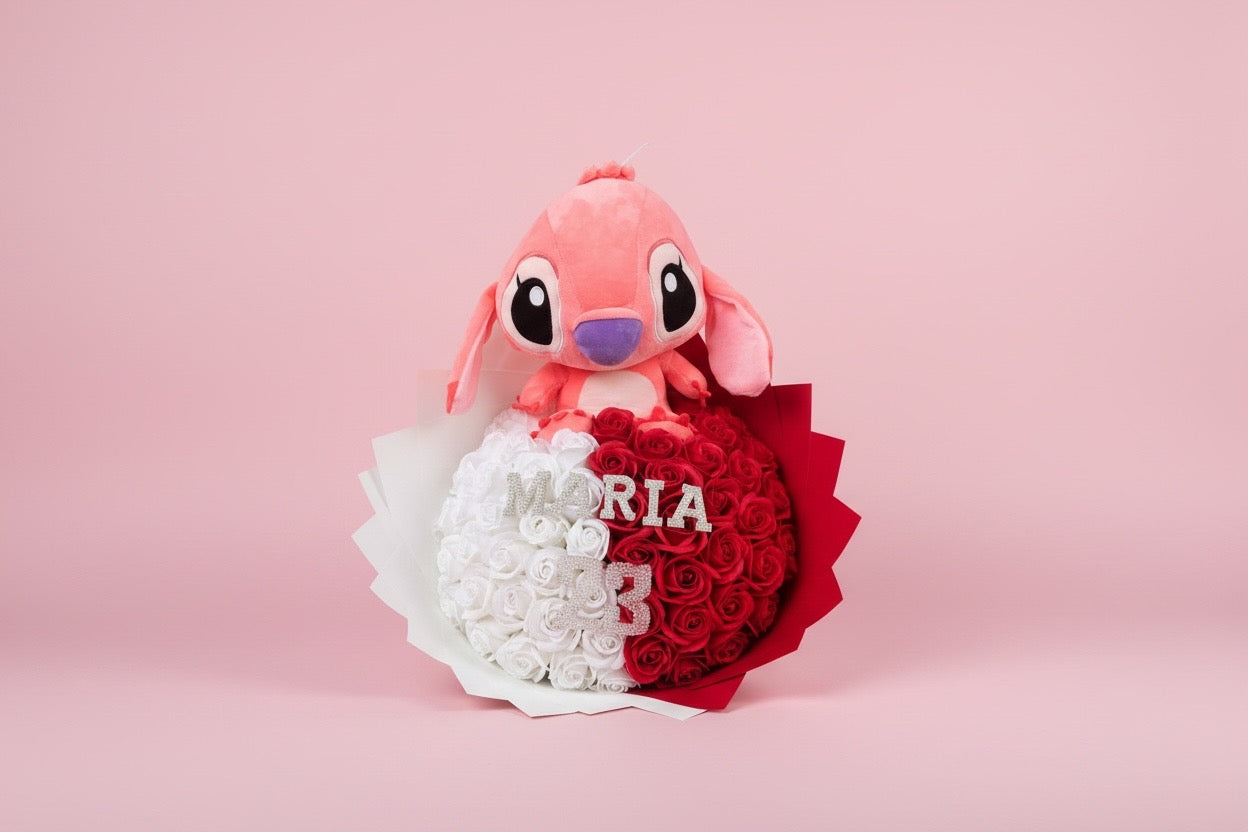 Buchet Stitch cu 57 Trandafiri din Săpun și Nume Personalizat – Cadou Special