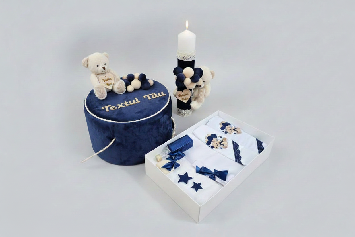 Set botez albastru – trusou și lumânare personalizată