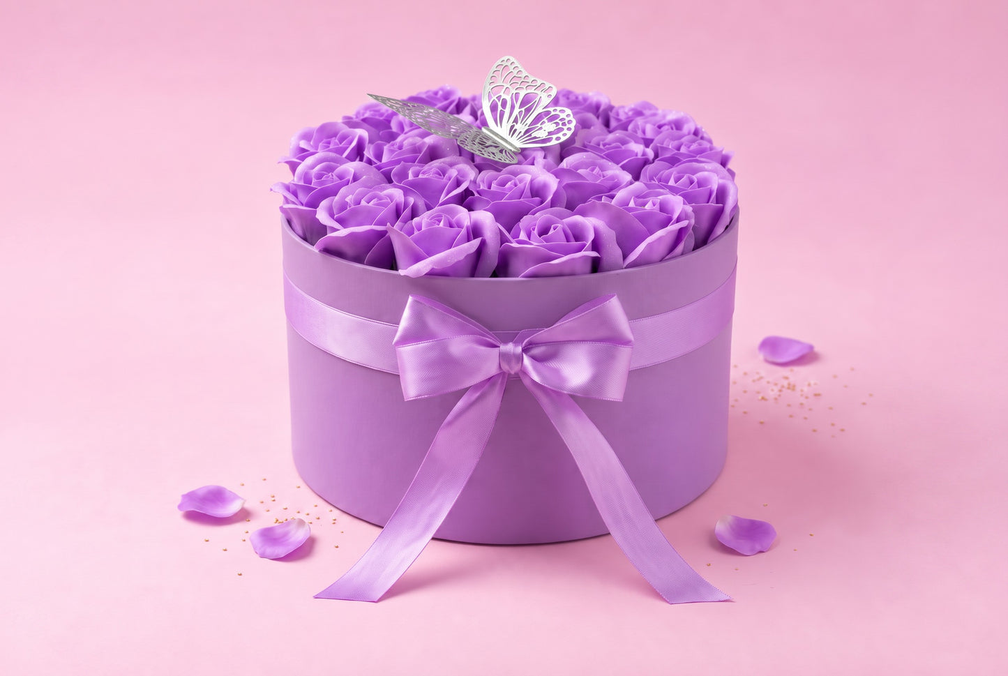 Cutie Mov cu 23 Trandafiri din Săpun, Sclipici și Fluture – Purple Butterfly