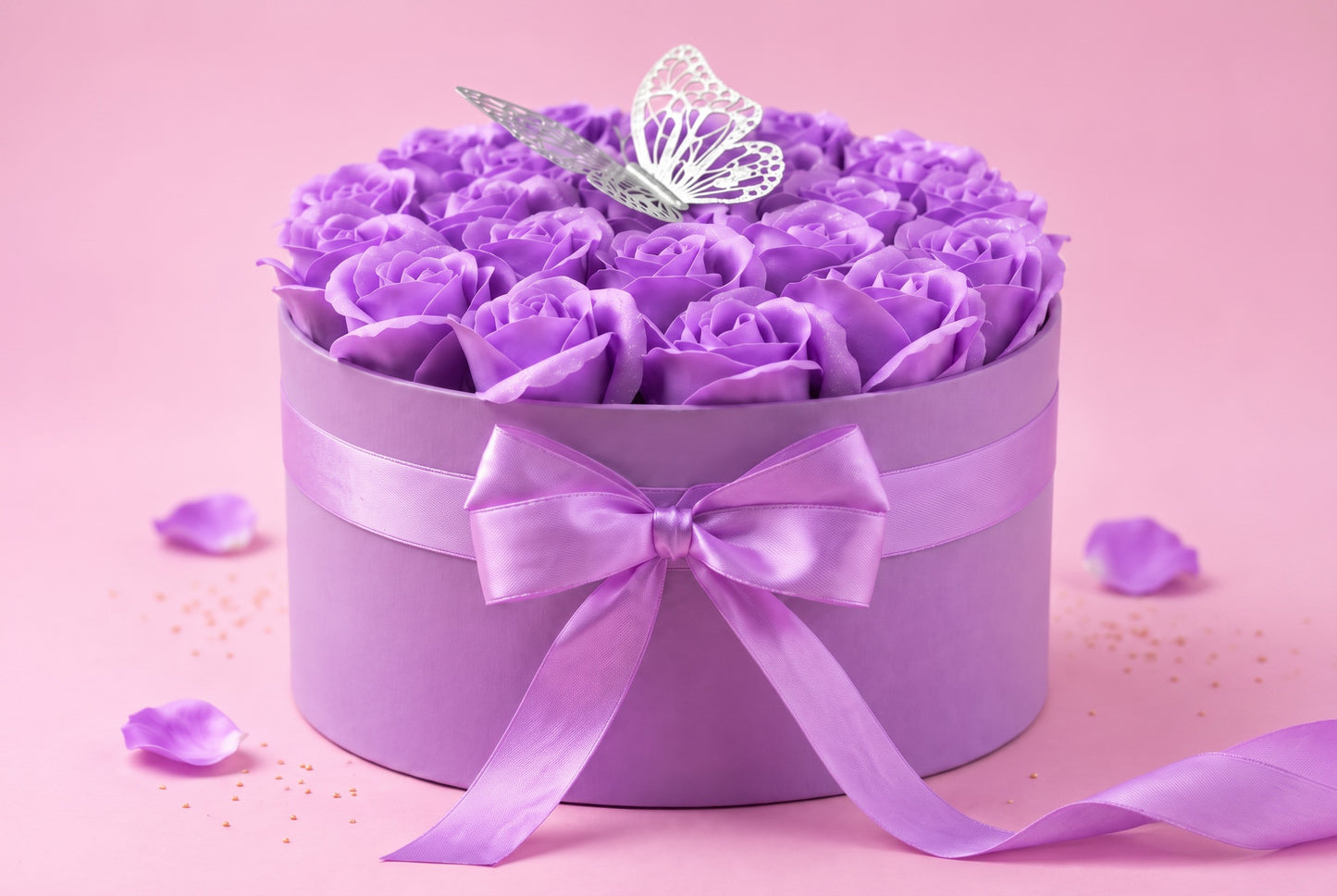 Cutie Mov cu 23 Trandafiri din Săpun, Sclipici și Fluture – Purple Butterfly