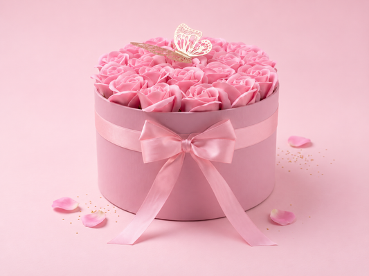 Cutie Roz cu 23 Trandafiri din Săpun, Sclipici și Fluture – Pink Butterfly