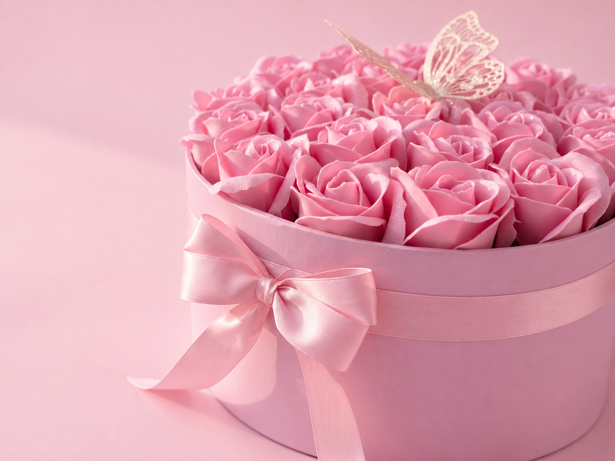 Cutie Roz cu 23 Trandafiri din Săpun, Sclipici și Fluture – Pink Butterfly