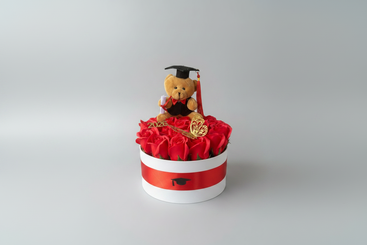 Cutie Cadou Absolvire cu 19 Trandafiri din Săpun Roșii – Red Graduation Bear