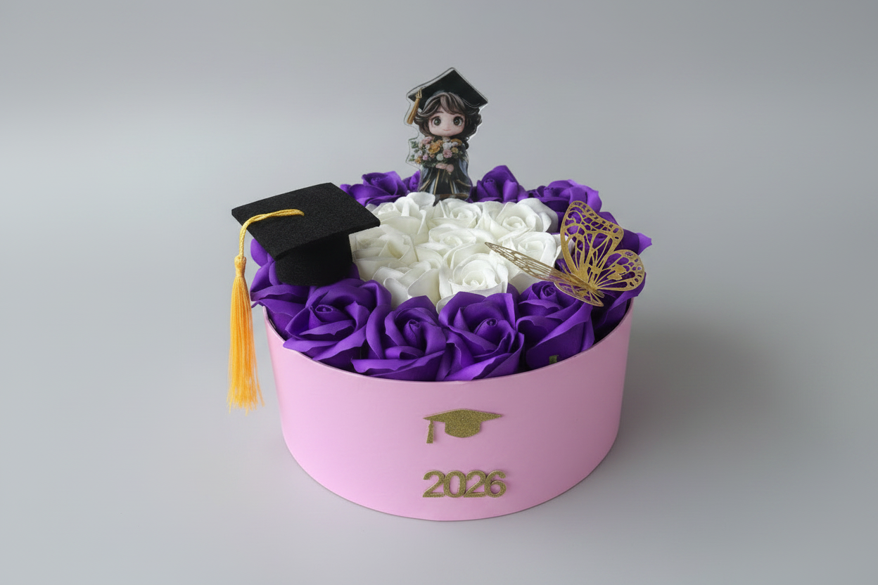 Cutie Cadou Absolvire cu 21 Trandafiri din Săpun Mov și Albi – Graduation Dream