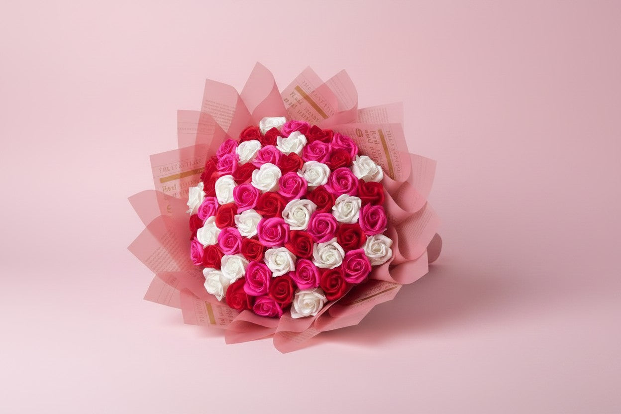Buchet 57 trandafiri roz din săpun – Sweet Roses