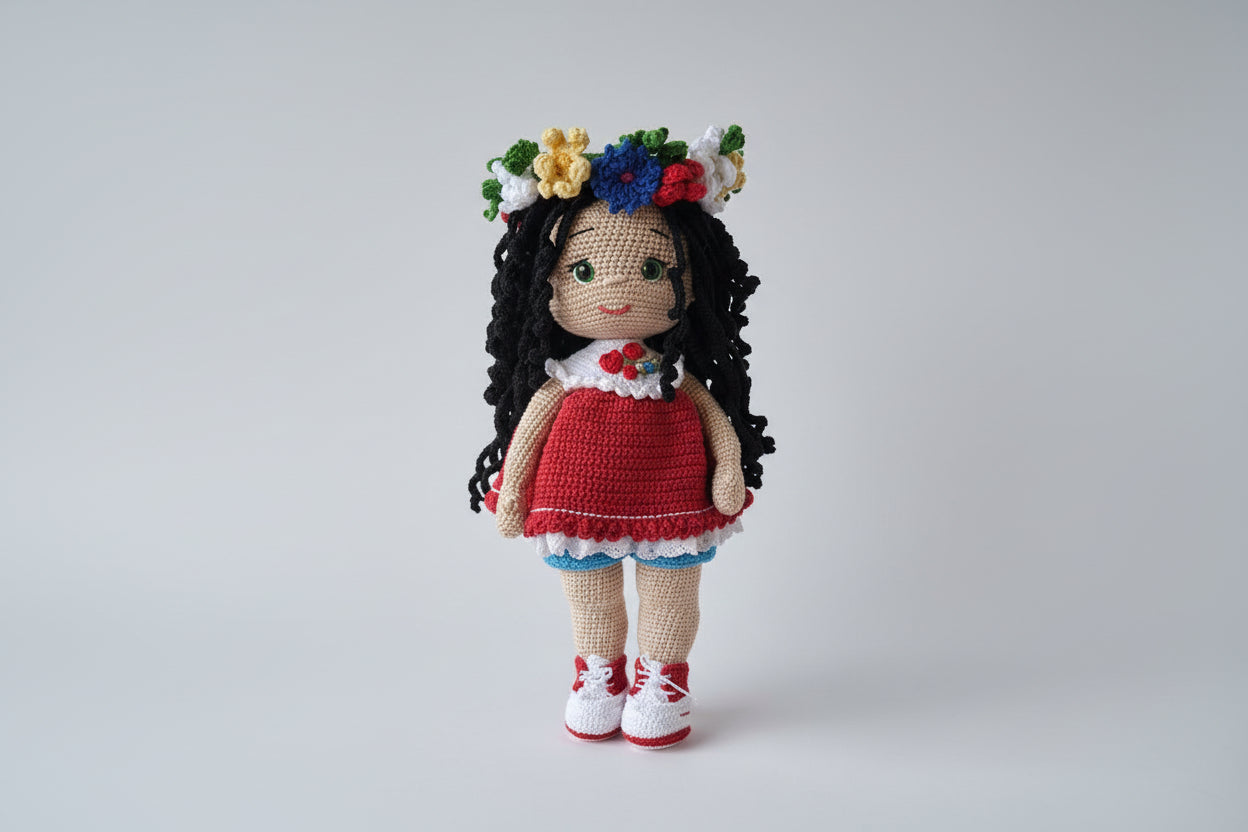 Păpușă croșetată manual cu coroniță florală – model tradițional decorativ