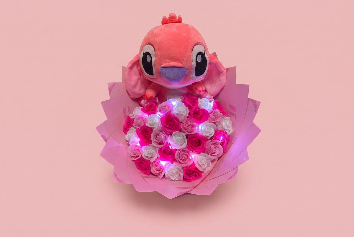 Buchet cu Lumini și Stitch – 37 Trandafiri din Săpun