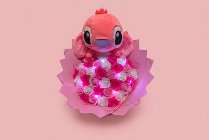 Buchet cu Lumini și Stitch – 37 Trandafiri din Săpun
