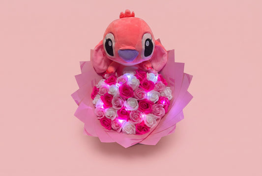 Buchet cu Lumini și Stitch – 37 Trandafiri din Săpun