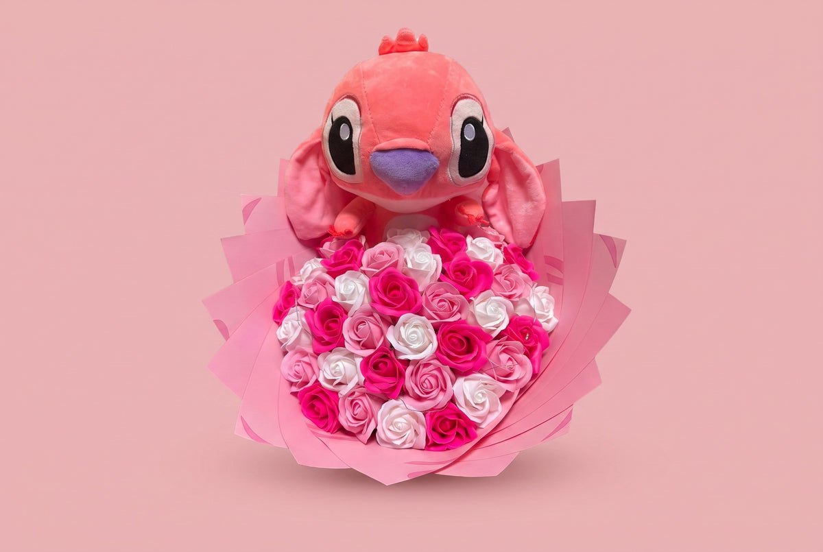 Buchet cu Lumini și Stitch – 37 Trandafiri din Săpun