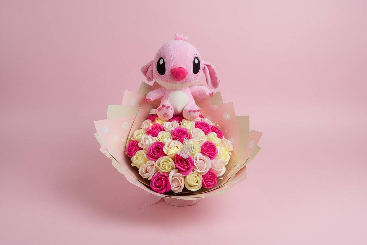Buchet cu Lumini și Stitch – 37 Trandafiri din Săpun