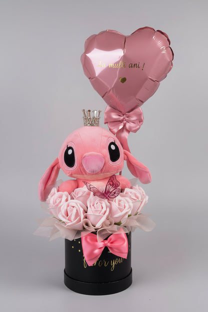Aranjament cadou cu pluș și balon inimă – surpriză romantică roz